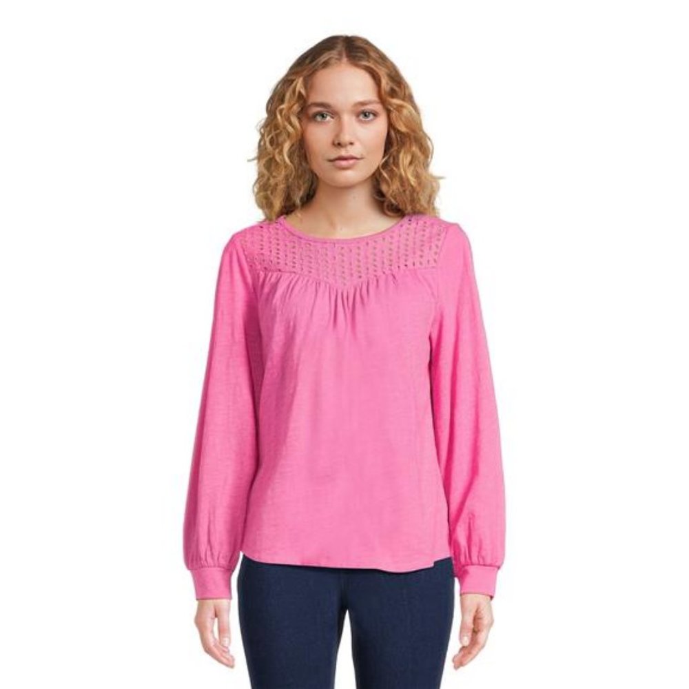 Time and Tru Women's Eyelet Top with Long Sleeves, Sizes XS-XXXL